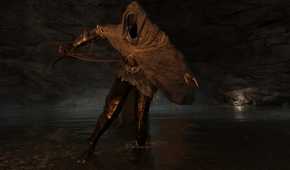 Elden Ring Black Knife Assassin dodging in cave