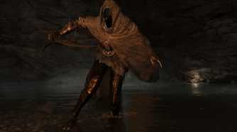 Elden Ring Black Knife Assassin dodging in cave