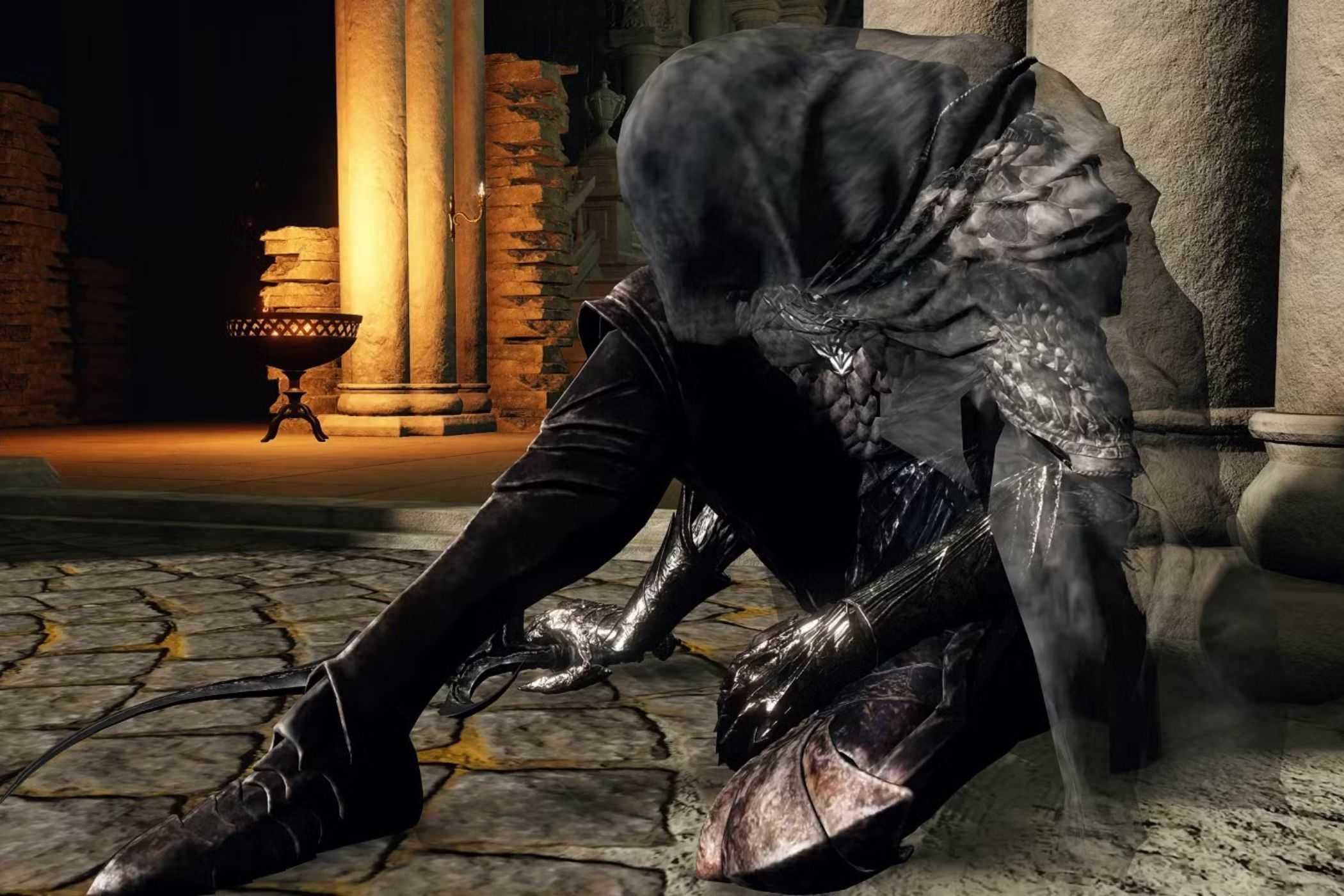 Elden Ring Black Knife Assassin sitting near post