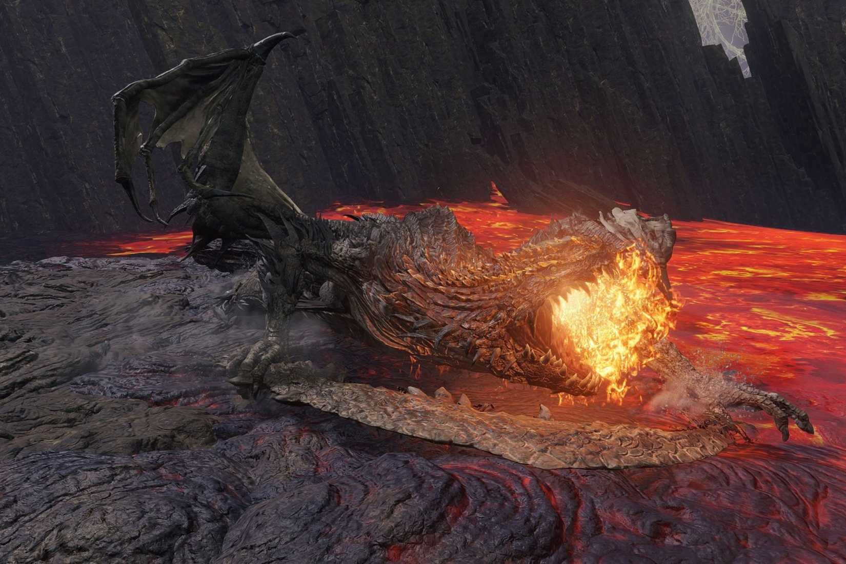 Elden Ring Magma Wyrm crawling through lava