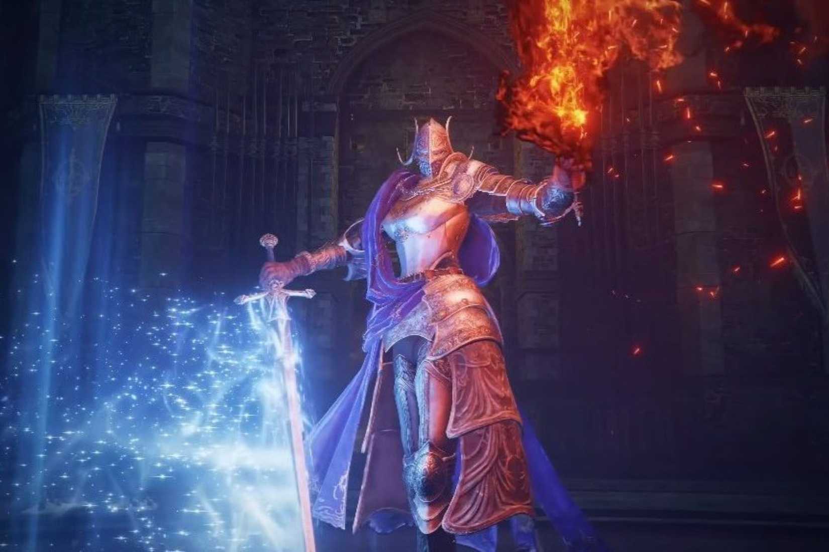 Elden Ring Rellana wielding magic and fire blades