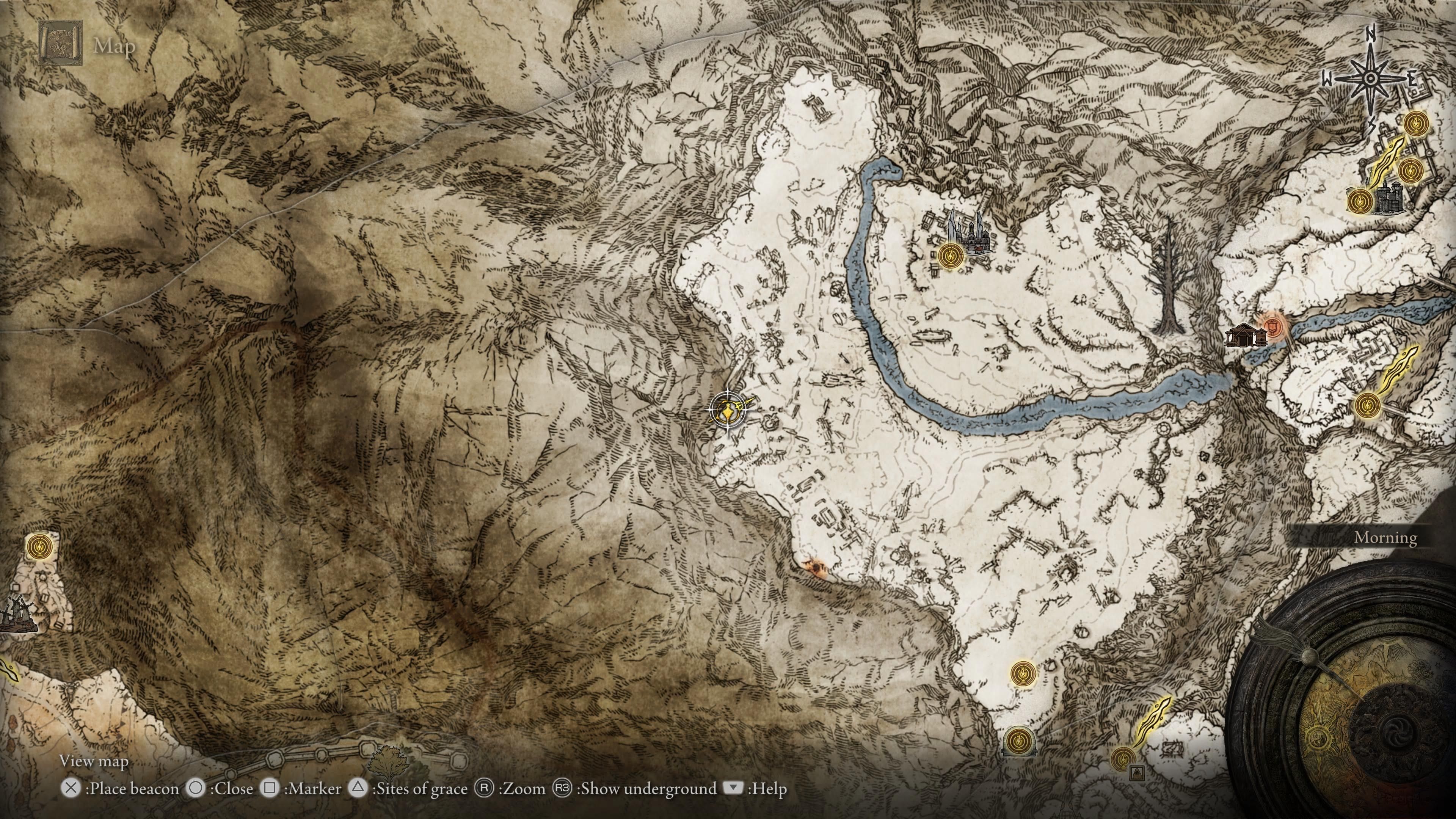 Screenshot from Elden Ring video game of the map over the Mountaintops of the Giants section 