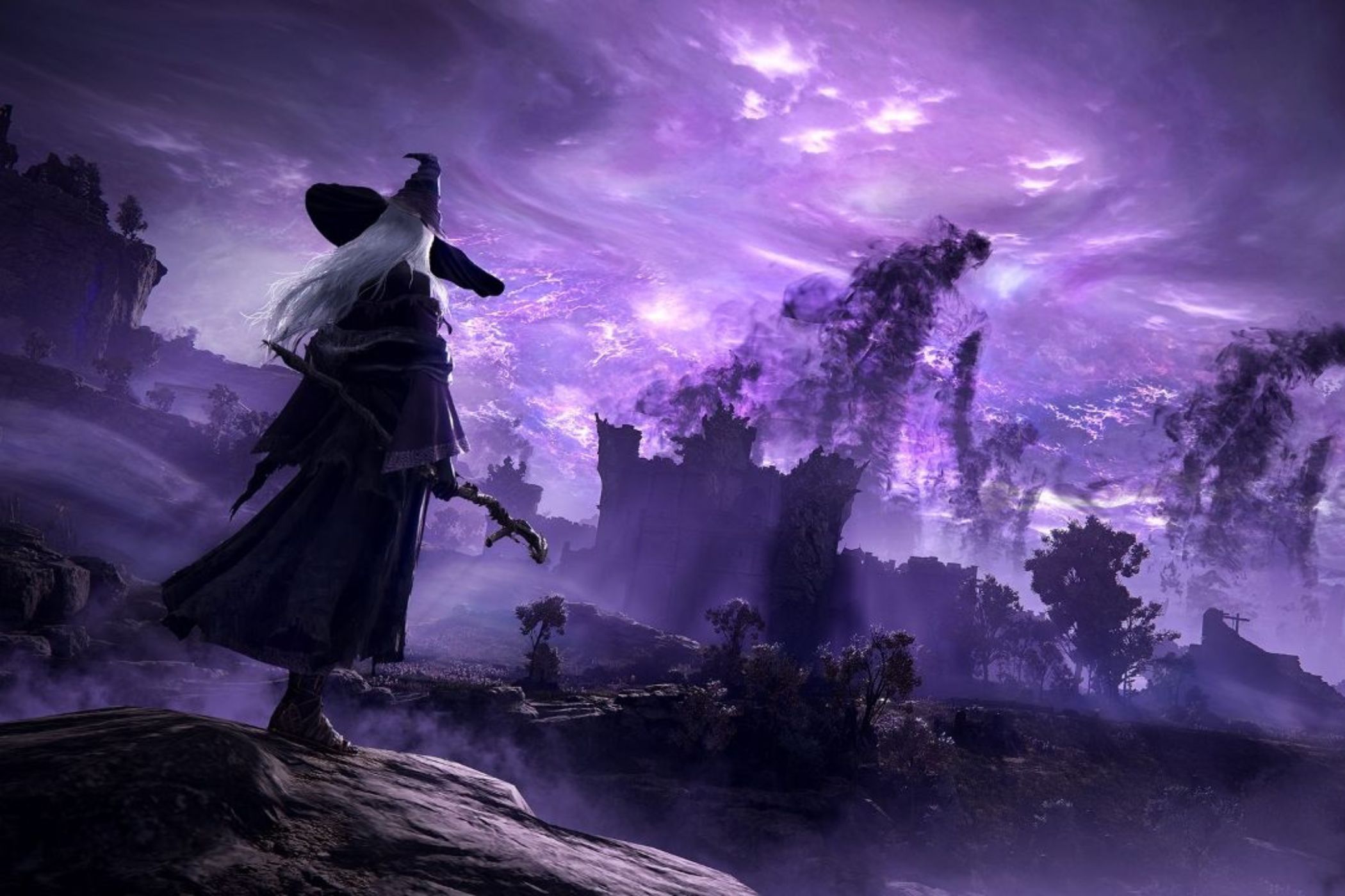 Elden Ring Nightreign Recluse player overlooking purple sky.