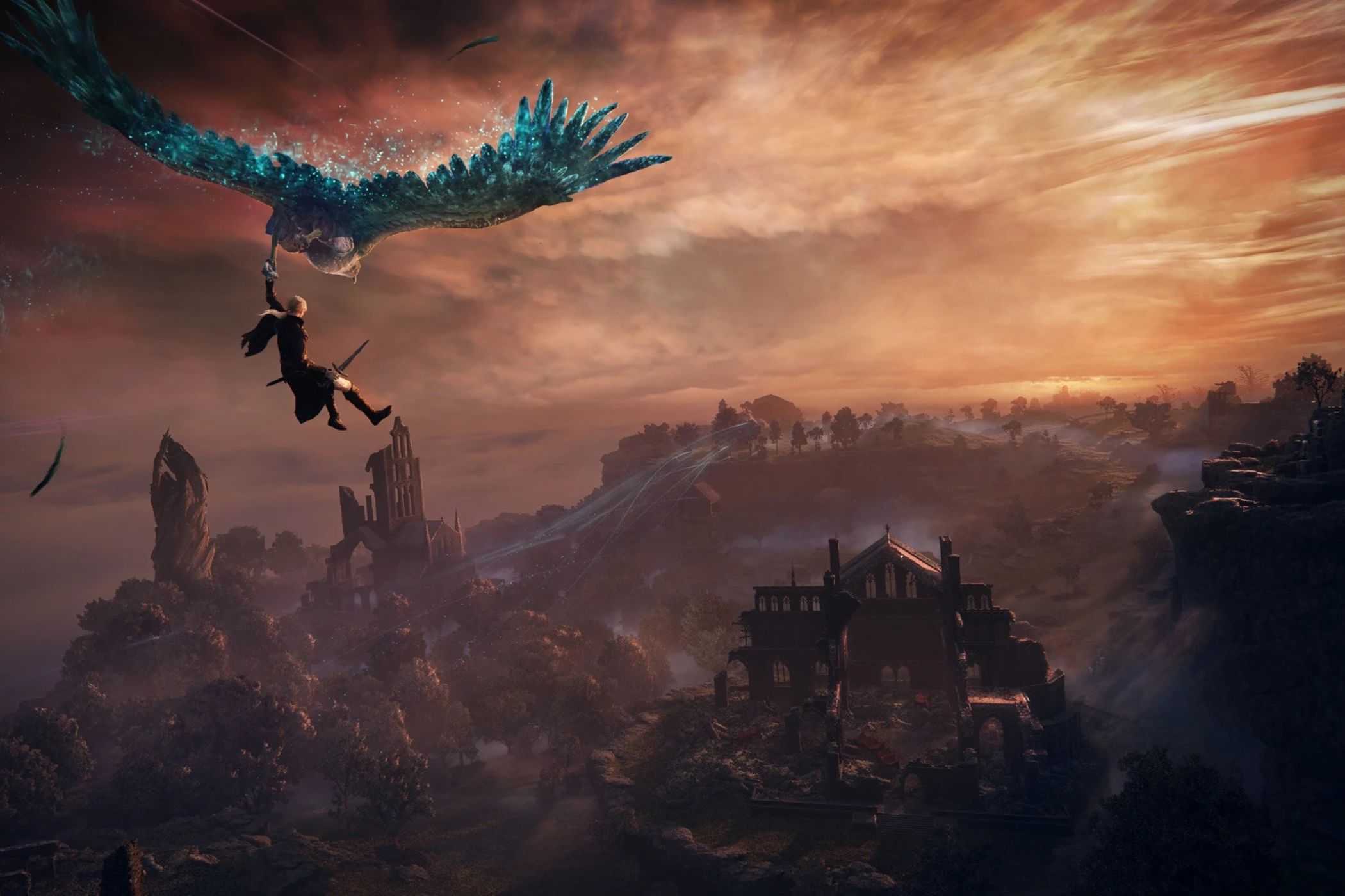 Elden Ring Nightreign player flying over Limveld.