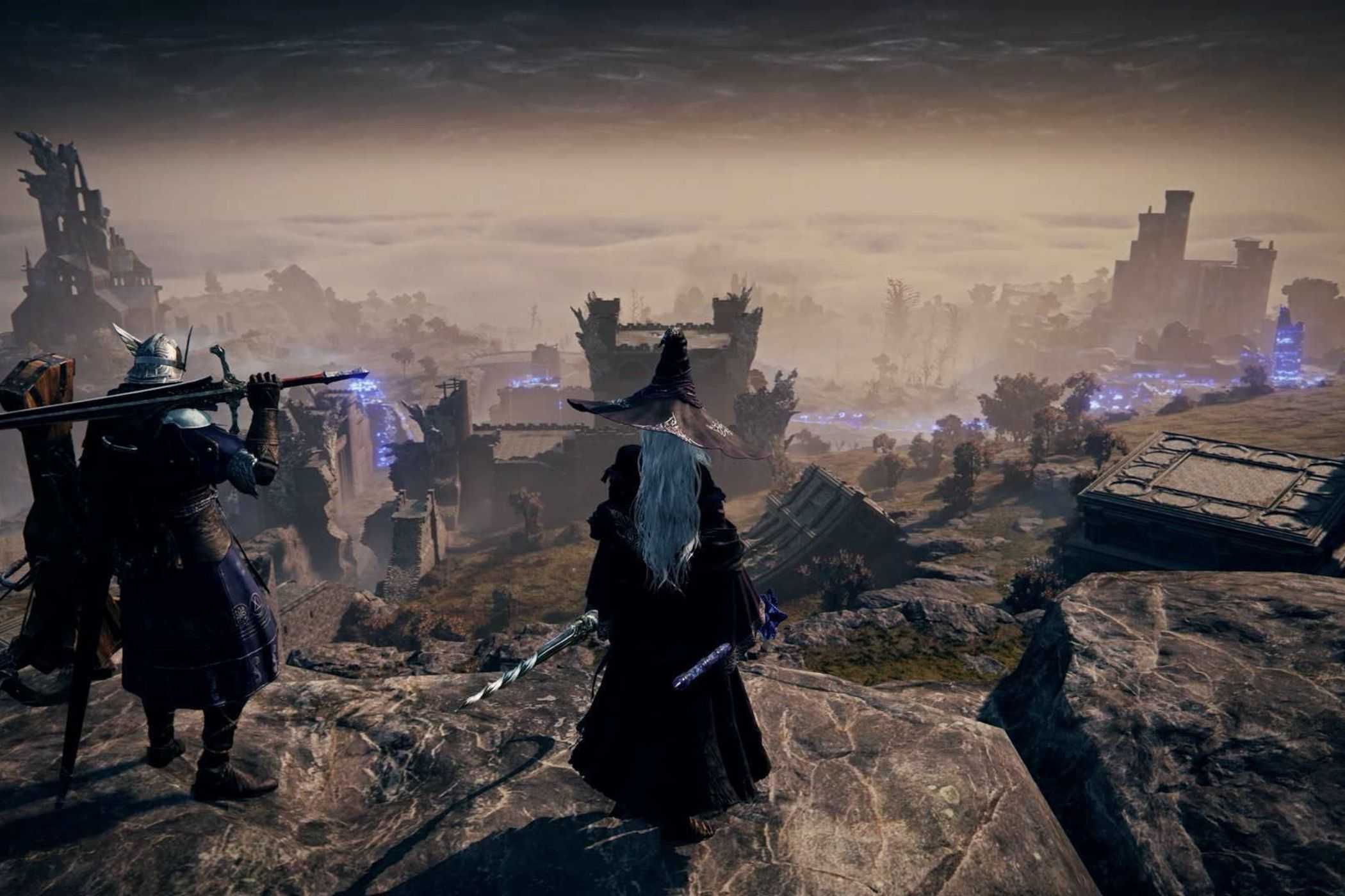 Elden Ring Nightreign players standing on cliff overlooking ruins