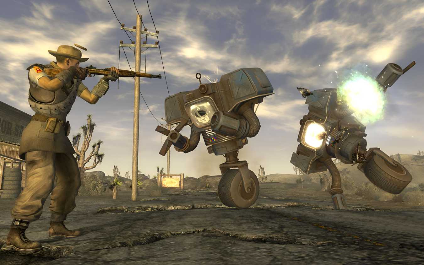 An image from the game Fallout: New Vegas, showing a man in uniform shooting at robotic automatons.