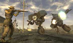 An image from the game Fallout: New Vegas, showing a man in uniform shooting at robotic automatons.