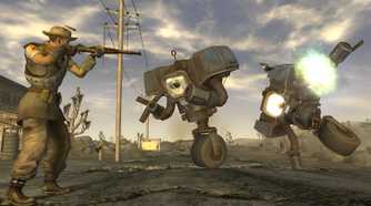 An image from the game Fallout: New Vegas, showing a man in uniform shooting at robotic automatons.