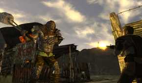 An image from the game Fallout: New Vegas, showing a man shooting at a huge mutant.