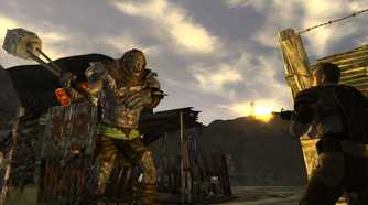 An image from the game Fallout: New Vegas, showing a man shooting at a huge mutant.