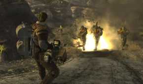 An image from the game Fallout: New Vegas, showing a man wielding a minigun at multiple charging hostiles.