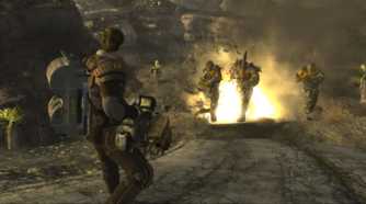 An image from the game Fallout: New Vegas, showing a man wielding a minigun at multiple charging hostiles.