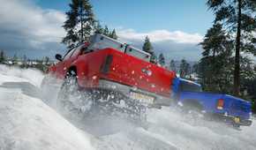 A screenshot from the game "Forza Horizon 4", showing a red Toyota Hilux racing against a blue Dodge Ram truck in snow.