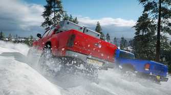 A screenshot from the game "Forza Horizon 4", showing a red Toyota Hilux racing against a blue Dodge Ram truck in snow.