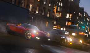 A screenshot from the game "Forza Horizon 4", showing a red Pagani Huayra racing against a Porsche at night in the streets of Edinburgh.