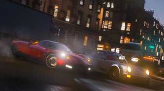A screenshot from the game "Forza Horizon 4", showing a red Pagani Huayra racing against a Porsche at night in the streets of Edinburgh.