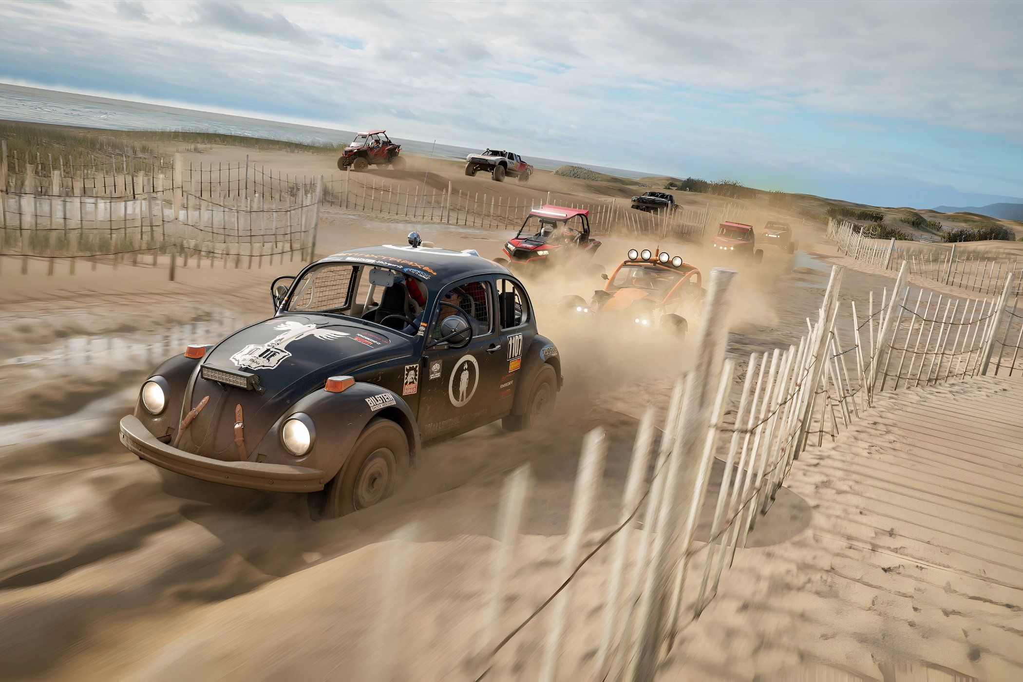 A screenshot from the game "Forza Horizon 4", showing a beach dirty rally.
