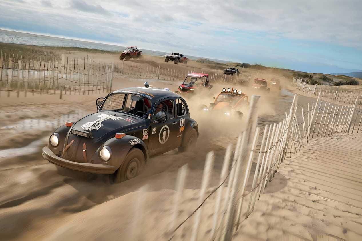 A screenshot from the game "Forza Horizon 4", showing a beach dirty rally.