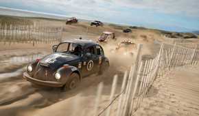 A screenshot from the game "Forza Horizon 4", showing a beach dirty rally.