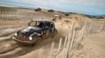 A screenshot from the game "Forza Horizon 4", showing a beach dirty rally.