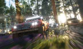 A screenshot from the game "Forza Horizon 4", showing a modifed truck racing in the forest as its competitors catch up.