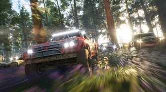 A screenshot from the game "Forza Horizon 4", showing a modifed truck racing in the forest as its competitors catch up.