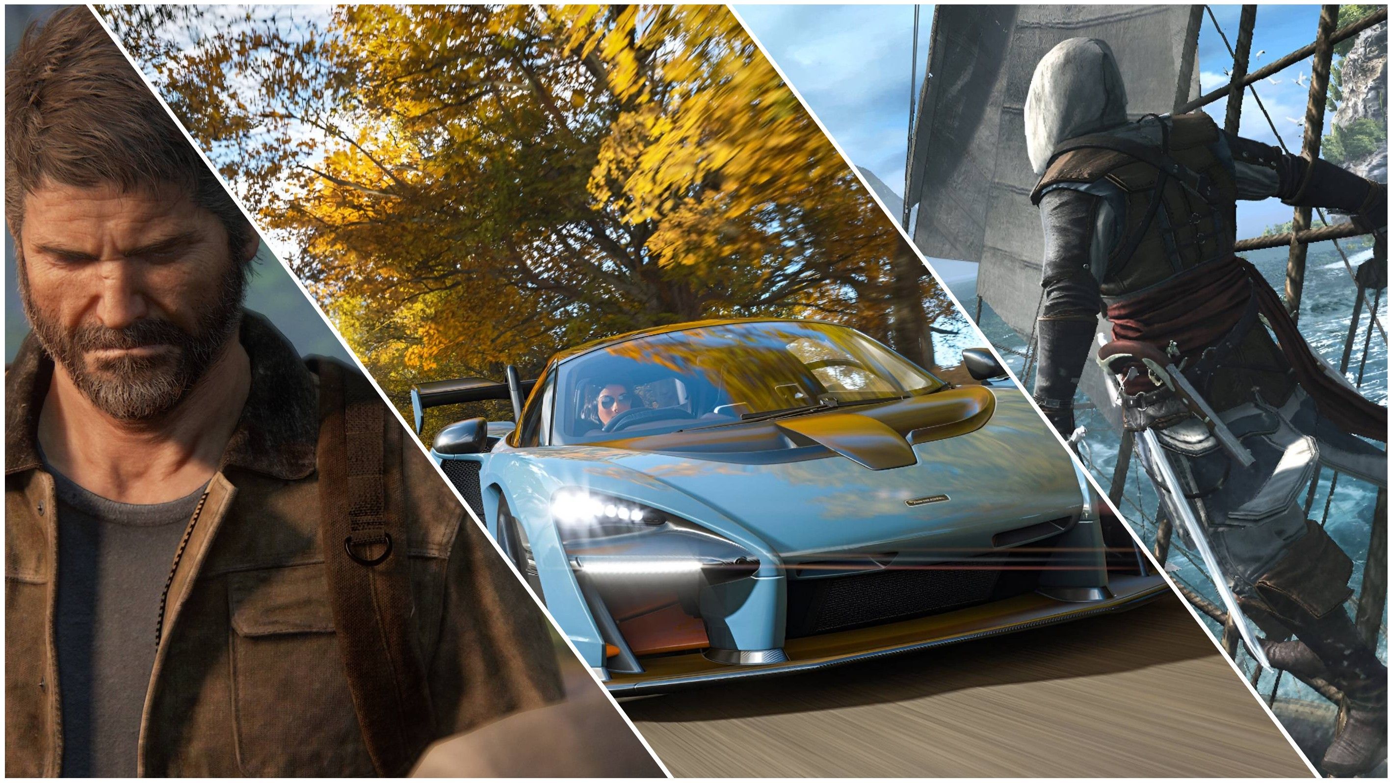 Una imagen de Joel de The Last of Us, un McLaren P1 azul y Edward Kenway de Assassin's Creed 4.