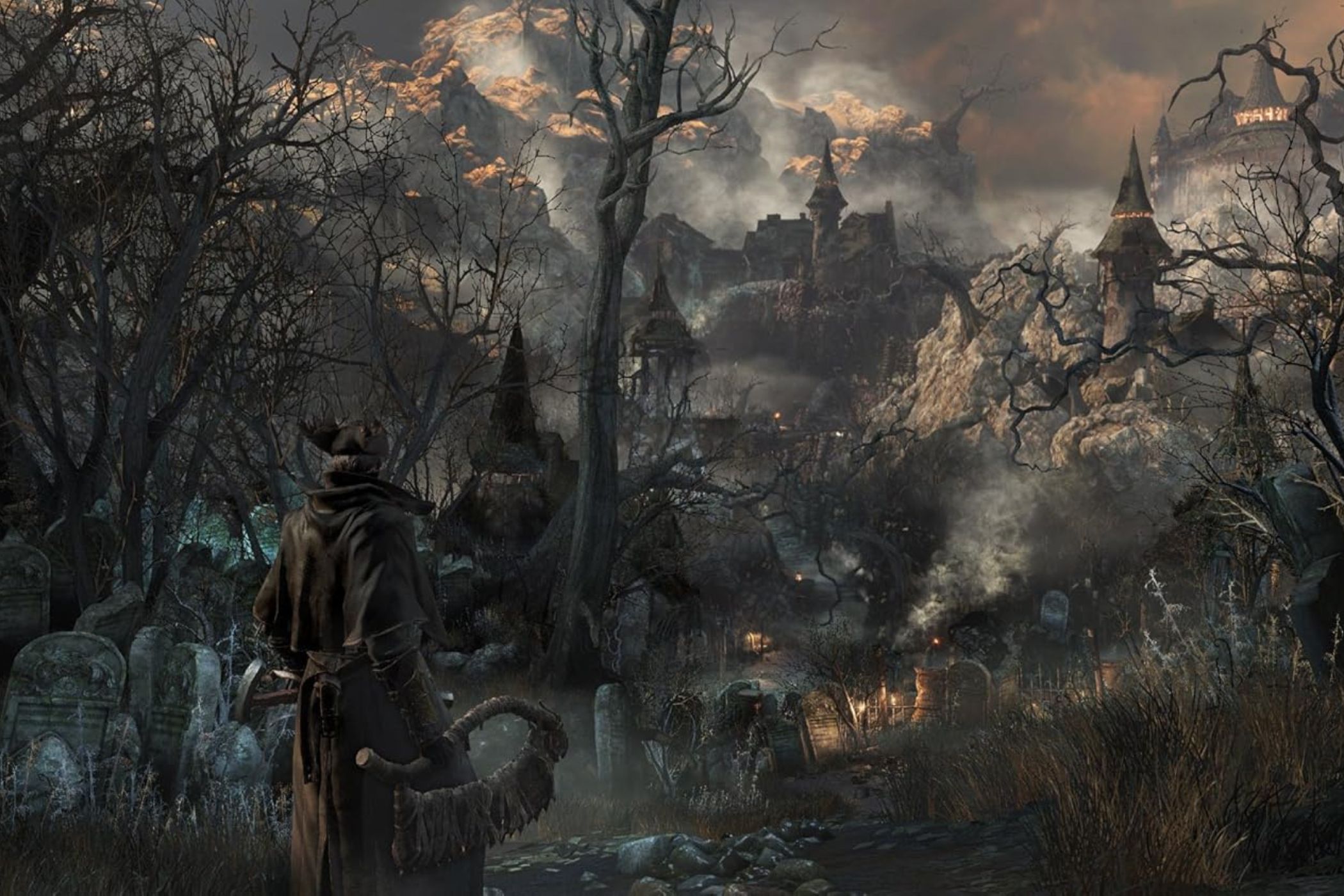 Bloodborne Hunter walking through graveyard