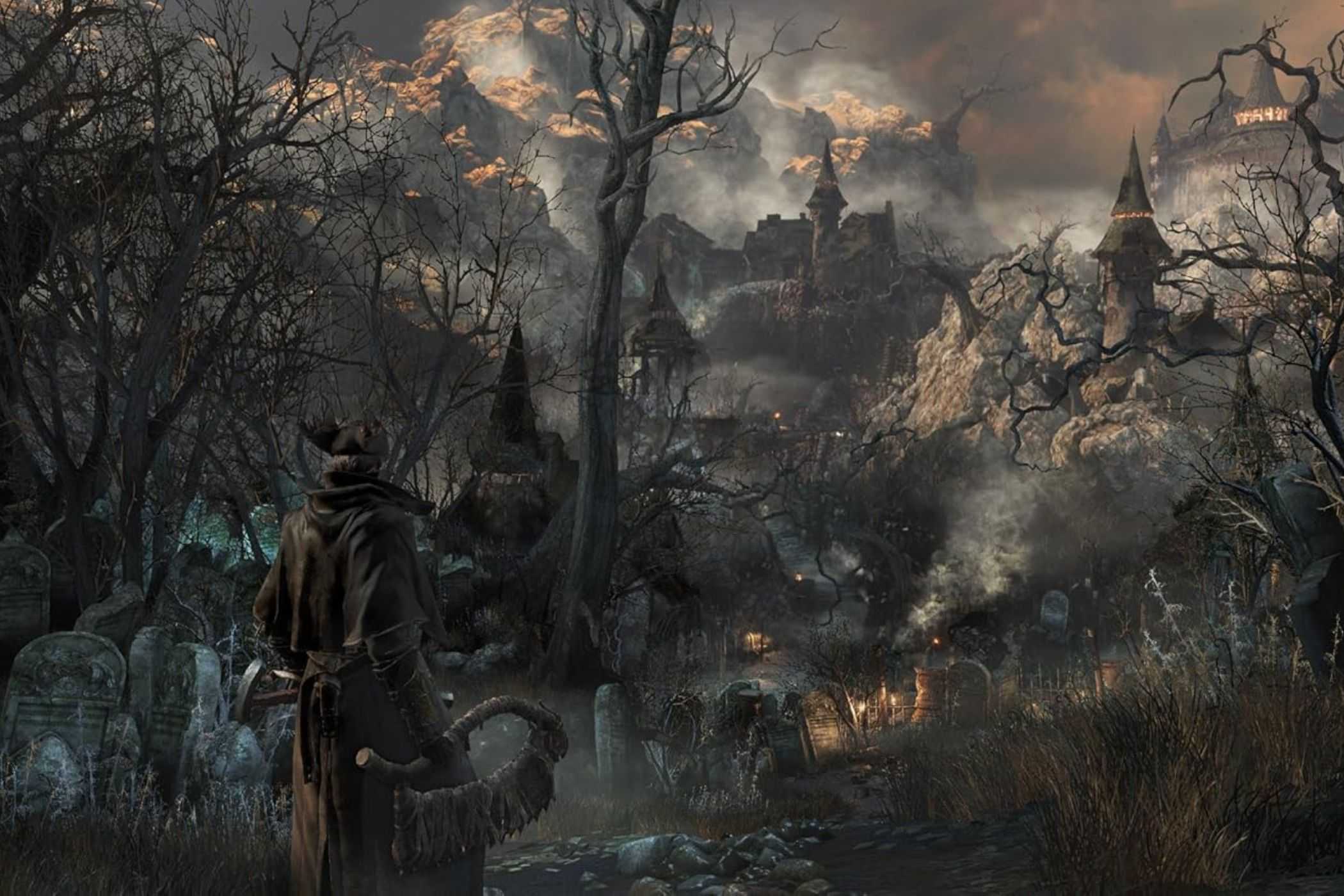 Bloodborne Hunter walking through graveyard
