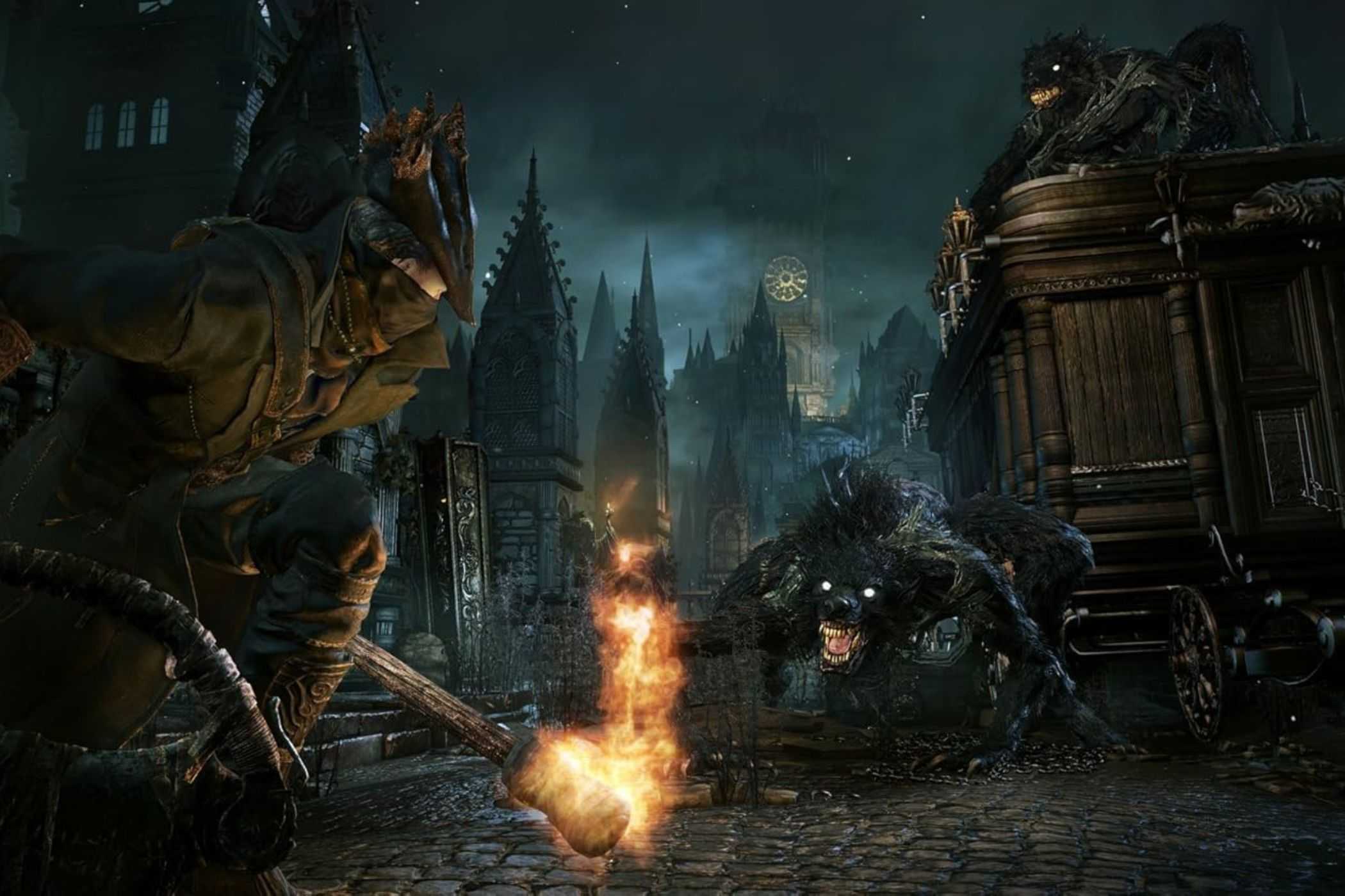 Bloodborne hunter fighting wolf enemies