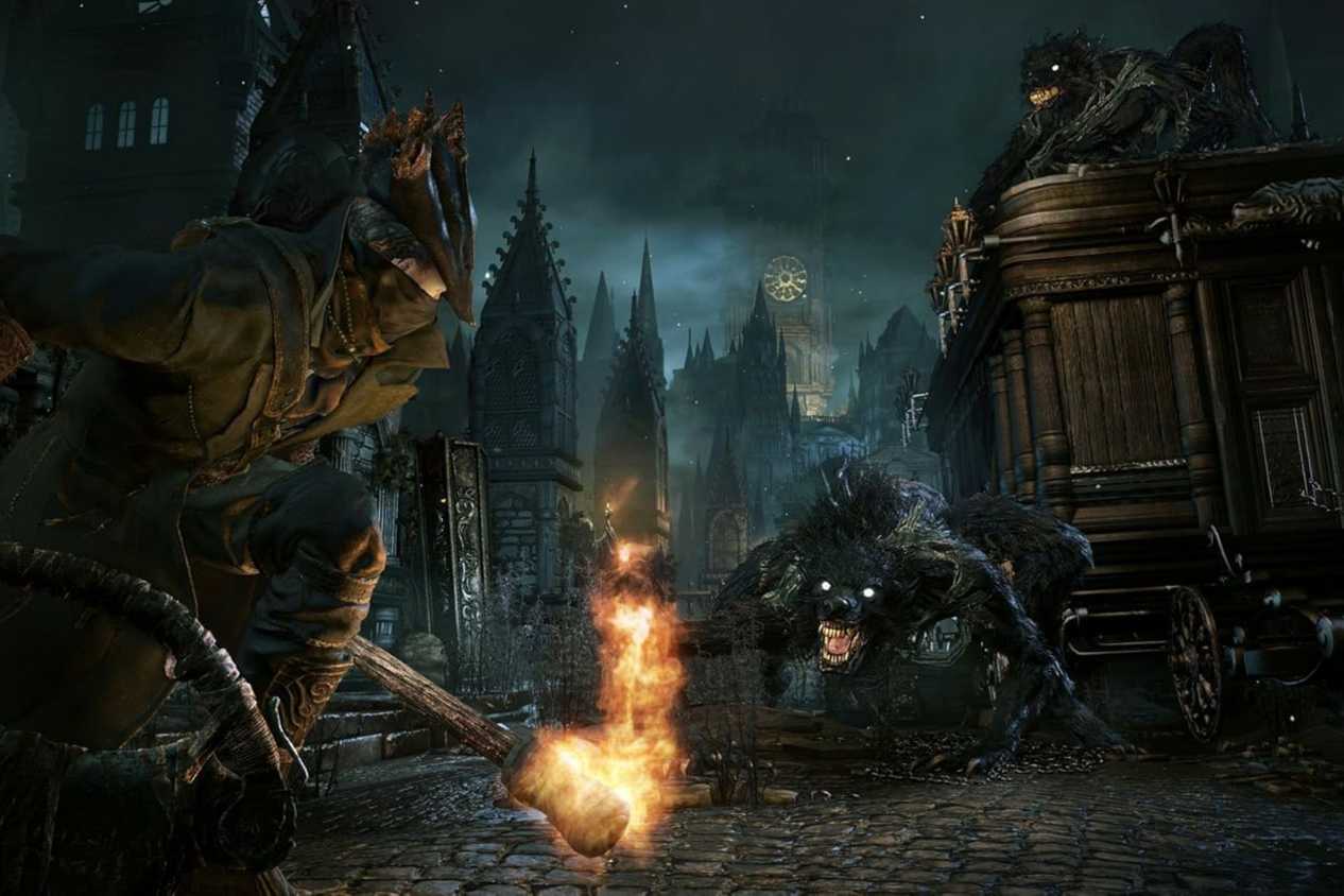 Bloodborne hunter fighting wolf enemies