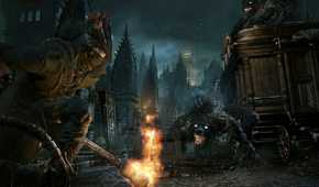 Bloodborne hunter fighting wolf enemies
