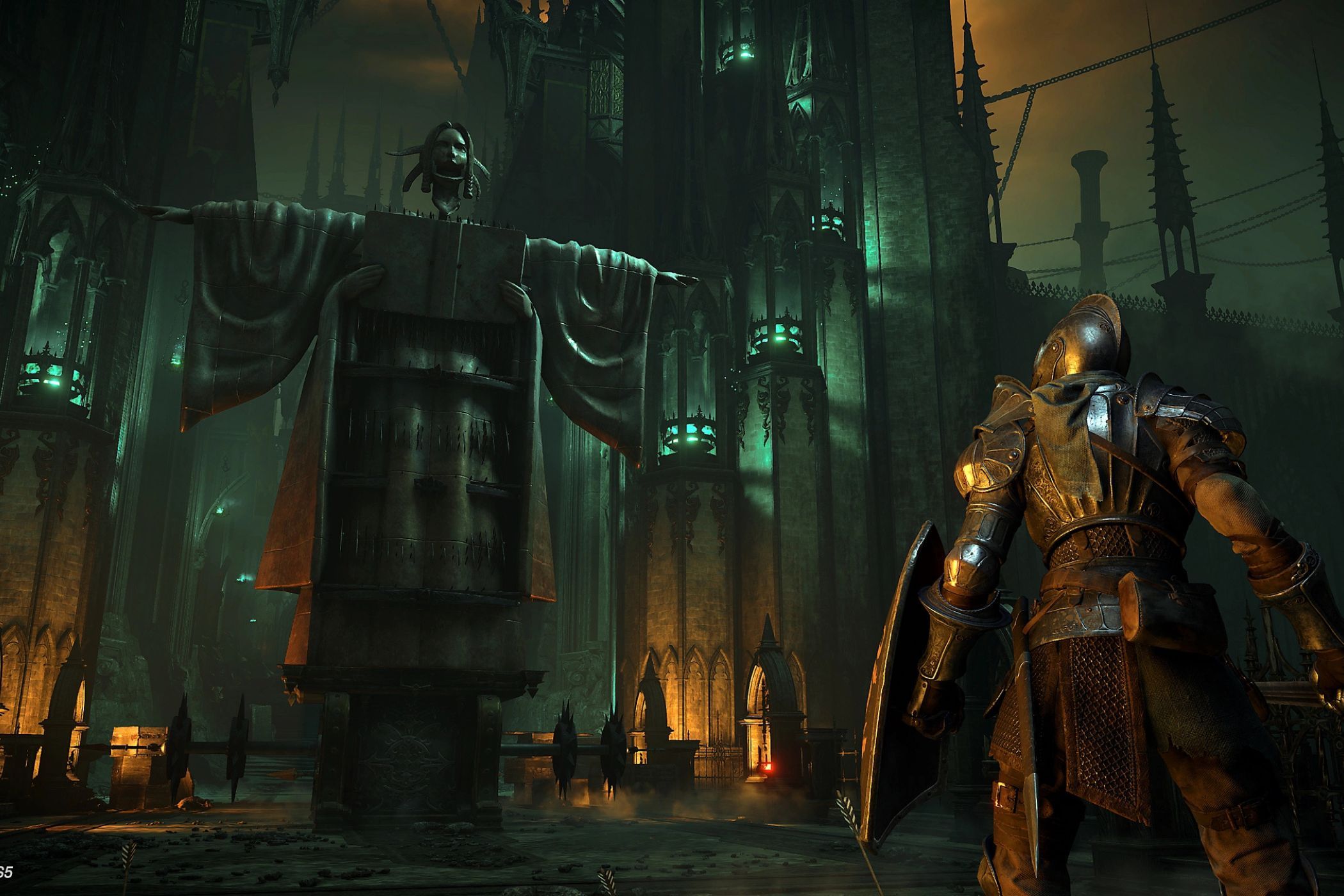Demons Souls knight in front of ballista statue