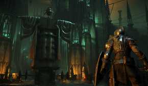 Demons Souls knight in front of ballista statue