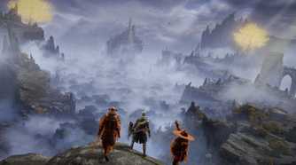 Elden Ring player standing next to summons on cliffside