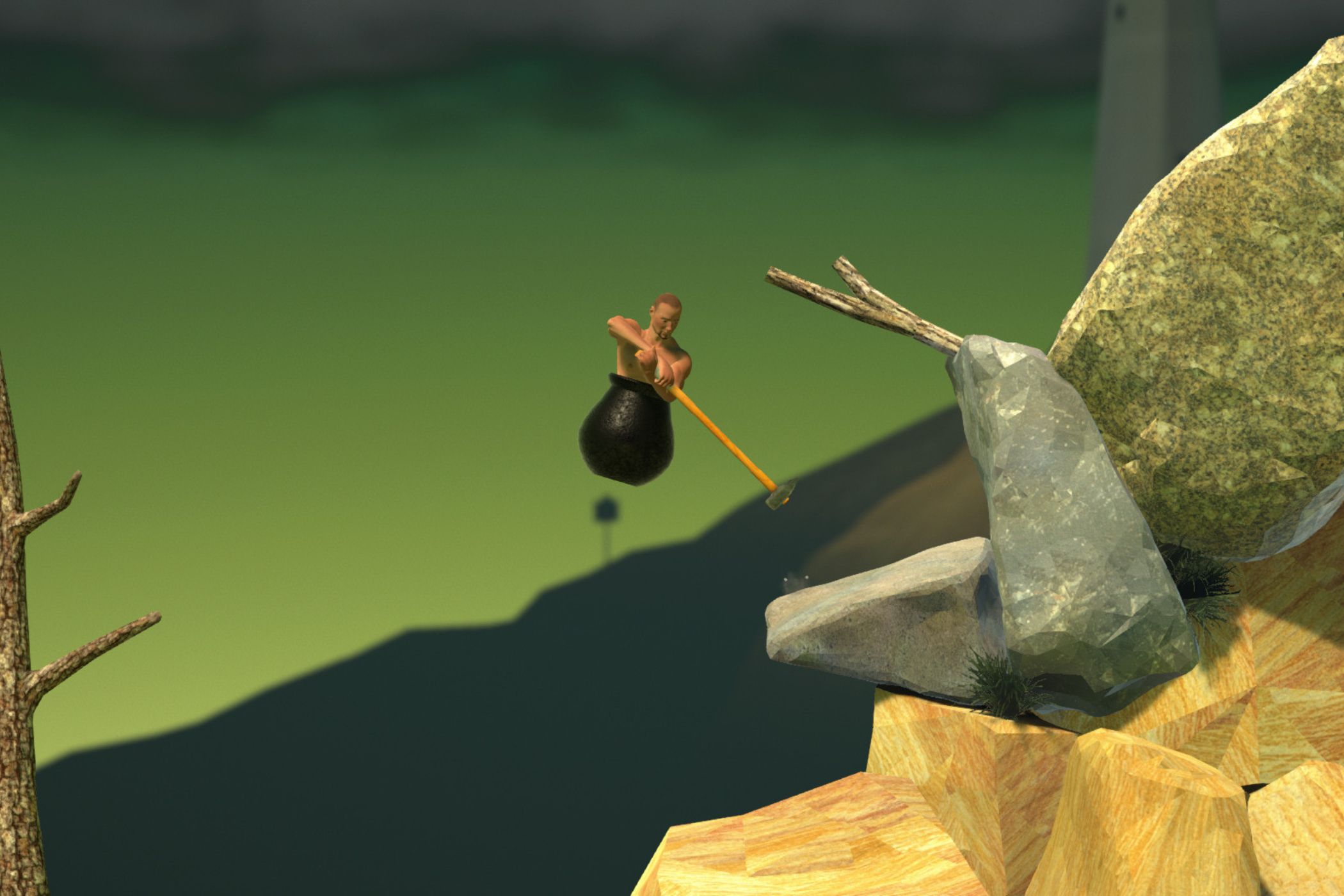An image from the game Getting Over It with Bennett Foddy, showing the player in mid-air.