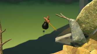 An image from the game Getting Over It with Bennett Foddy, showing the player in mid-air.