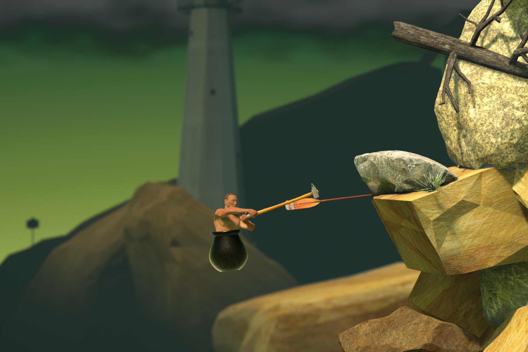 An image from the game Getting Over It with Bennett Foddy, showing the player hanging onto a wooden paddle wedged between two rocks.