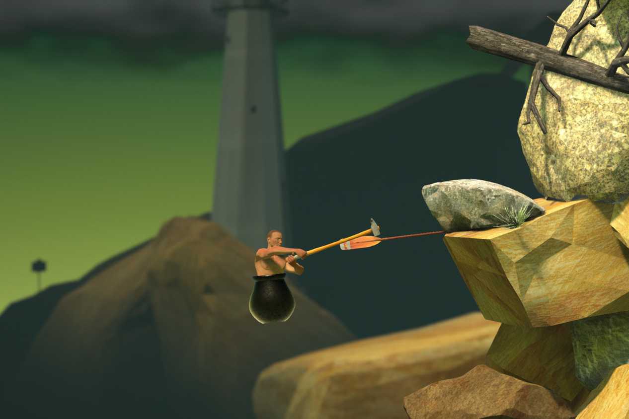 An image from the game Getting Over It with Bennett Foddy, showing the player hanging onto a wooden paddle wedged between two rocks.