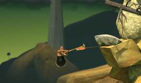 An image from the game Getting Over It with Bennett Foddy, showing the player hanging onto a wooden paddle wedged between two rocks.