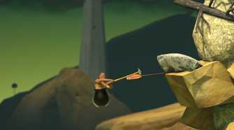An image from the game Getting Over It with Bennett Foddy, showing the player hanging onto a wooden paddle wedged between two rocks.