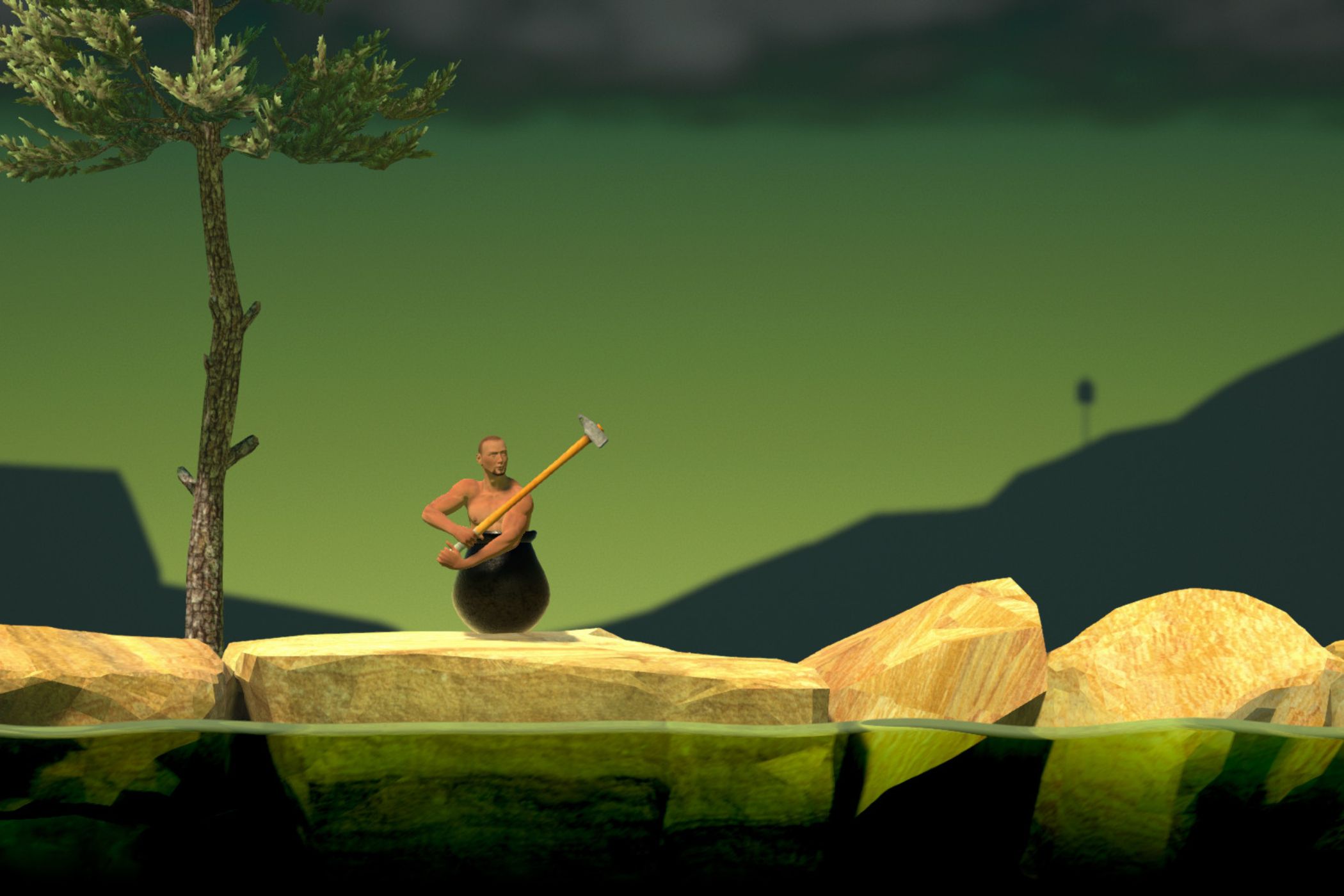 An image from the game Getting Over It with Bennett Foddy, showing the player sitting in a cauldron with a sledgehammer in hand.