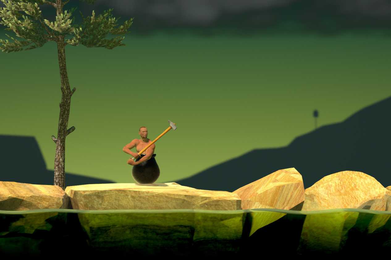 An image from the game Getting Over It with Bennett Foddy, showing the player sitting in a cauldron with a sledgehammer in hand.