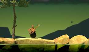 An image from the game Getting Over It with Bennett Foddy, showing the player sitting in a cauldron with a sledgehammer in hand.