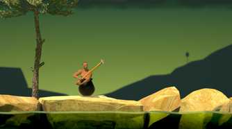 An image from the game Getting Over It with Bennett Foddy, showing the player sitting in a cauldron with a sledgehammer in hand.