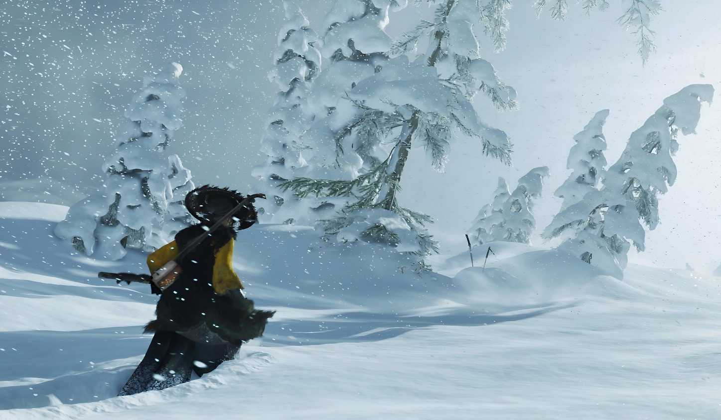 An image from the game Ghost of Yotei, showing a woman trudging through knee-deep snow.
