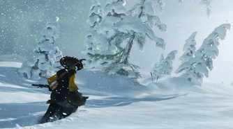 An image from the game Ghost of Yotei, showing a woman trudging through knee-deep snow.