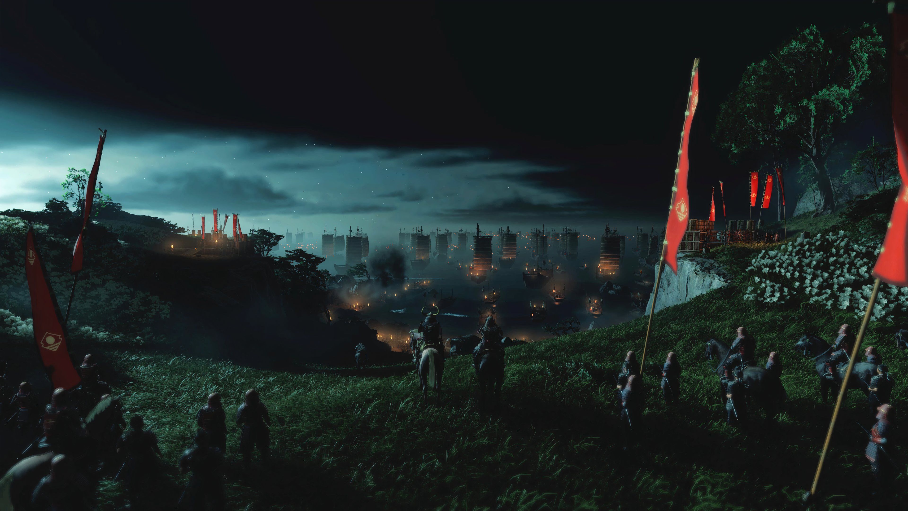 An image from Ghost of Tsushima, showing samurai lining up near a beach with their banners raised high.