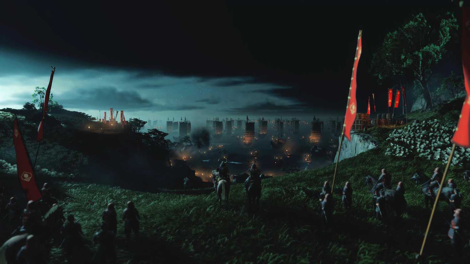 An image from Ghost of Tsushima, showing samurai lining up near a beach with their banners raised high.
