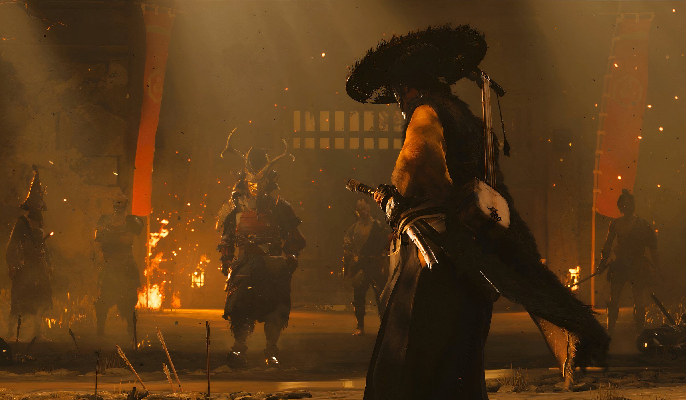 An image from the game Ghost of Yotei, showing a woman unsheathing her sword while facing off against multiple enemies.